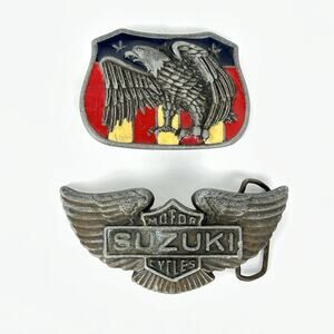 Lot of 2 Eagle Brass Buckle Suzuki Motor Cycles + Eagle Enameled Flag Patriotic